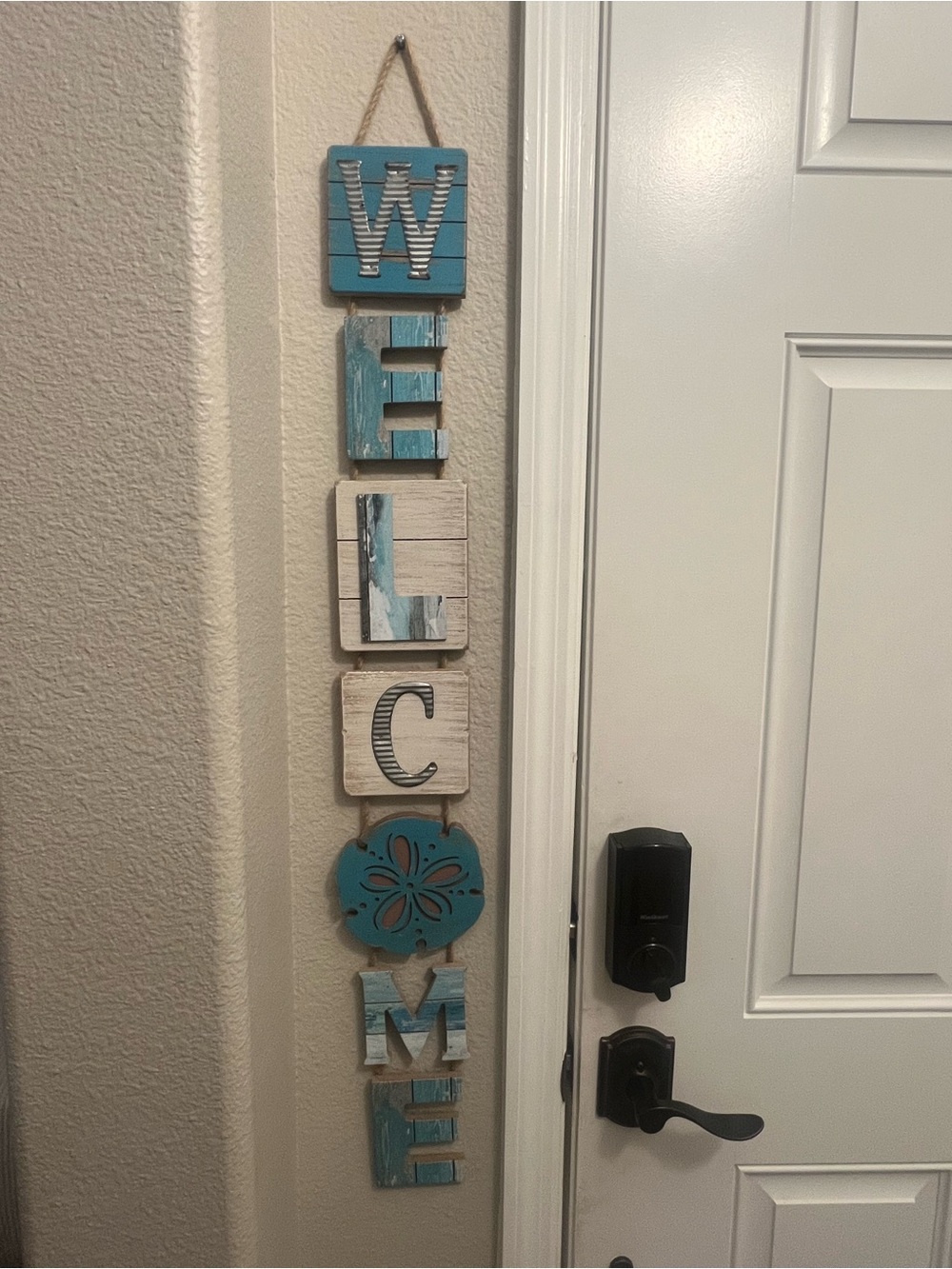 Rustic Teal & White 'WELCOME' Wall Hanging - Coastal Beach Decor